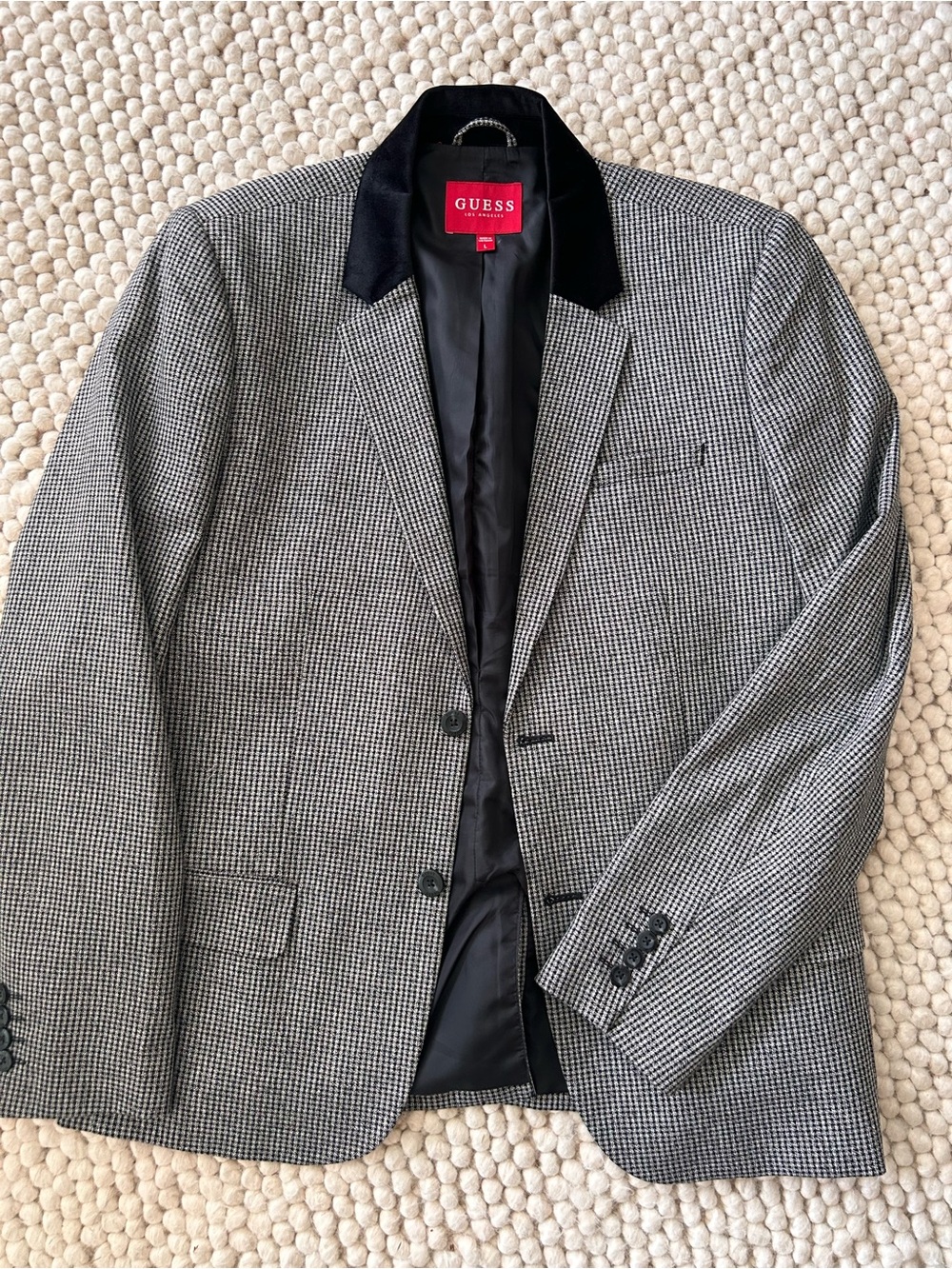 GUESS Black & White Houndstooth Blazer with Black Velvet Collar